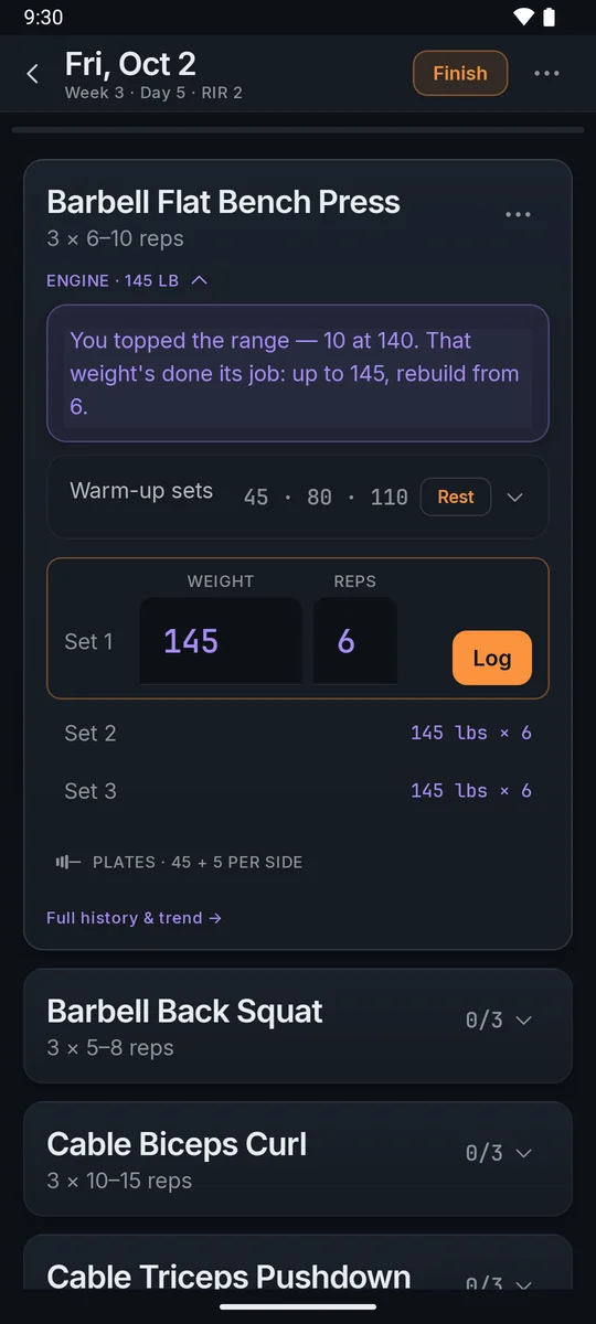 ThreeByEight bench press screen explaining why the weight went up to 145 lb