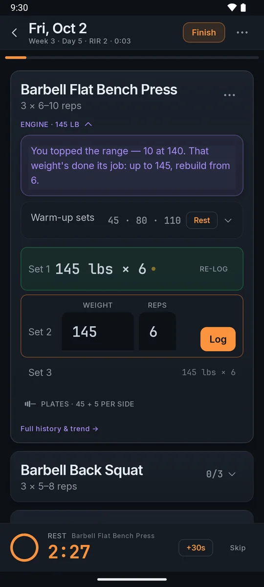ThreeByEight set logging with weight, reps and a rest timer that starts on its own